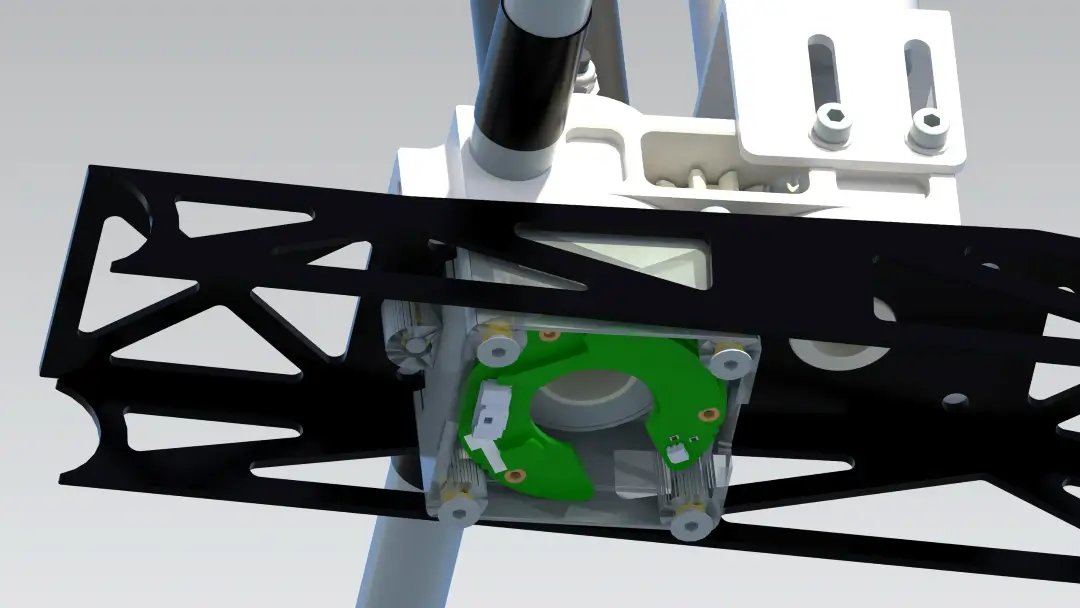 RLS Orbis used as a steering angle sensor, with housing and steering motor at the top right.